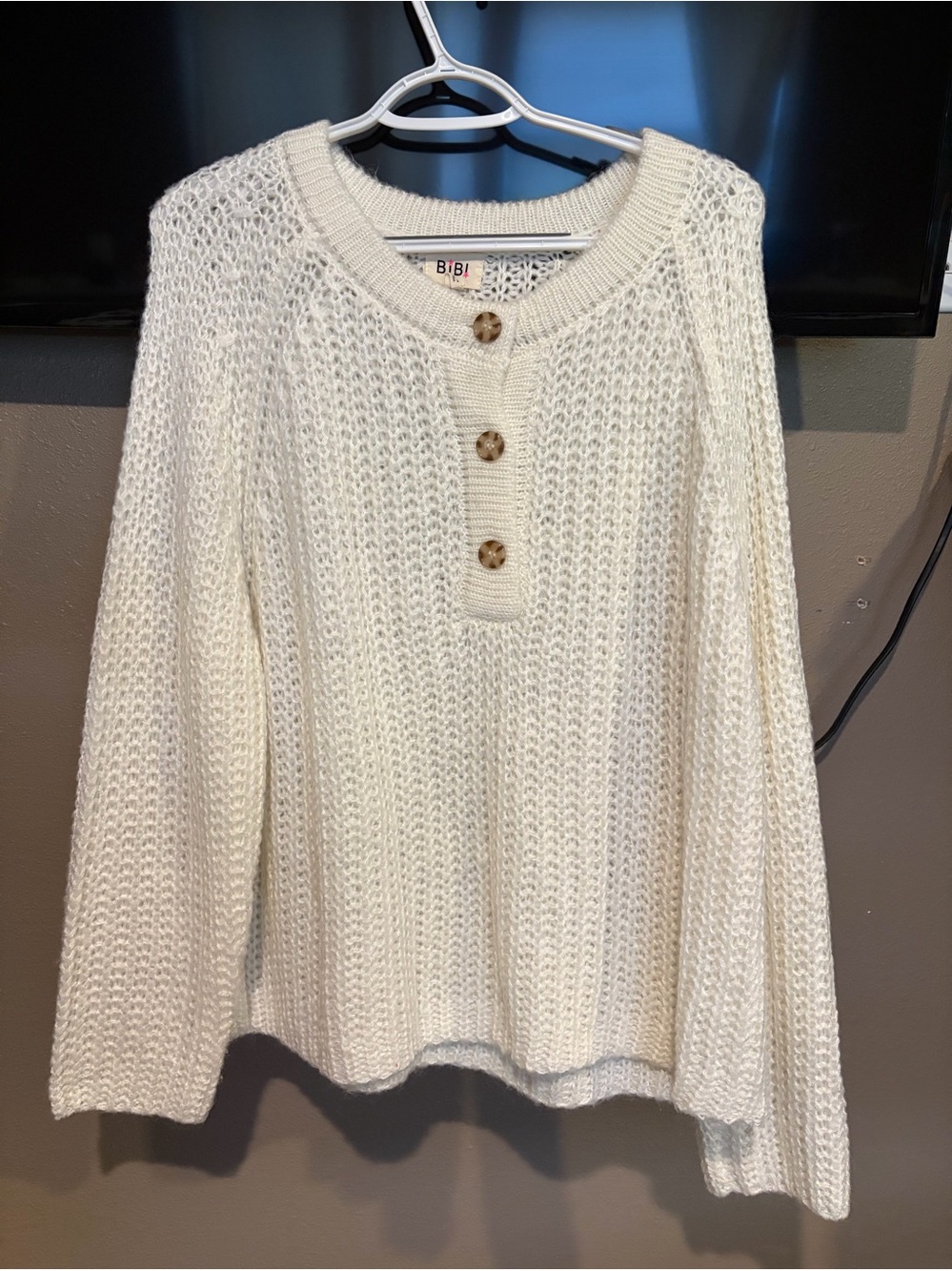 BiBi Cream Button-Front Henley Knit Sweater